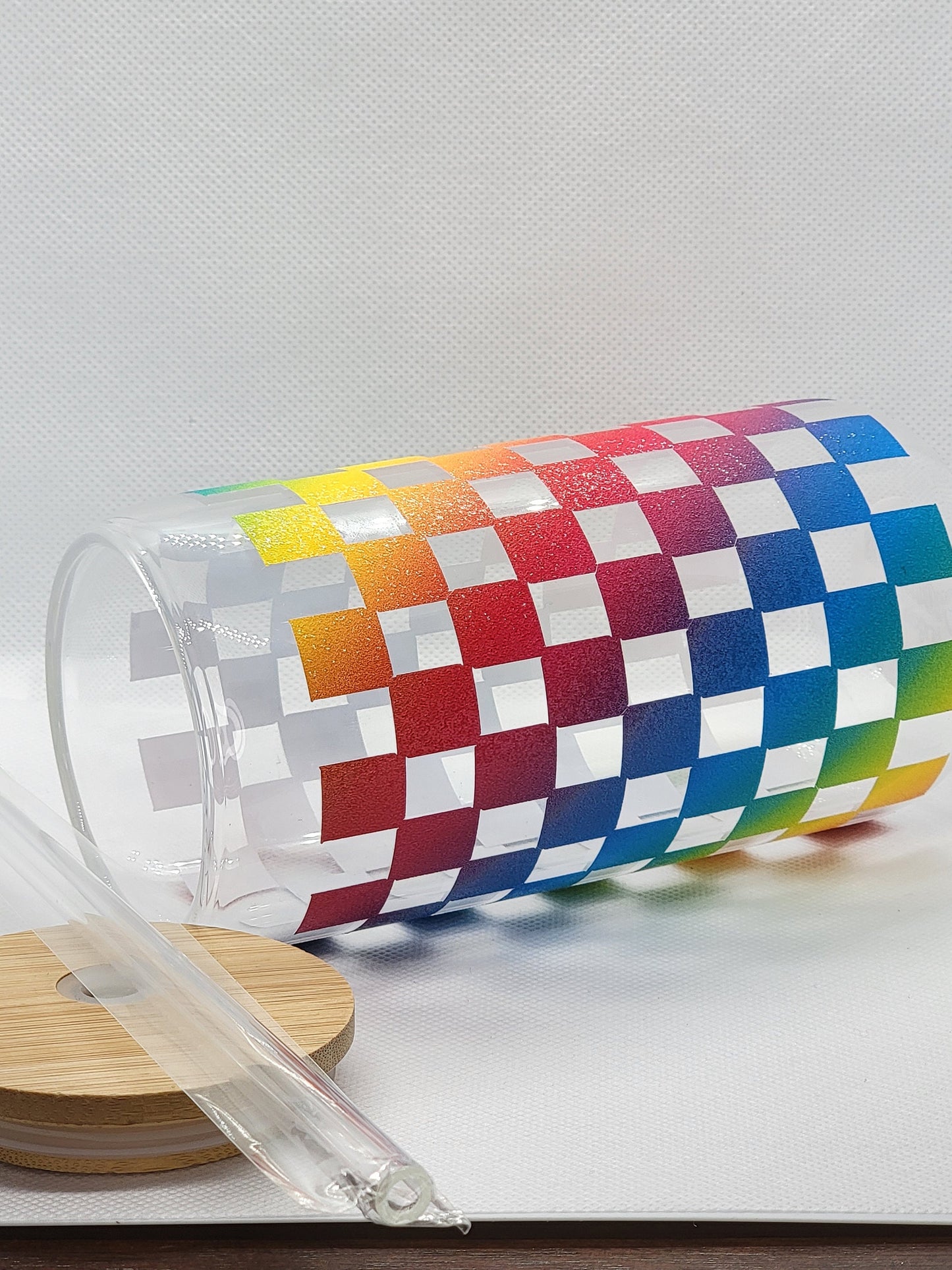 Rainbow Checker Glass Can 16 0z. #rainbow #perfectgift#glasscan